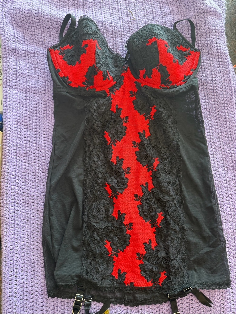 Victoria's Secret Black & Red Lace Chemise with Garter Details